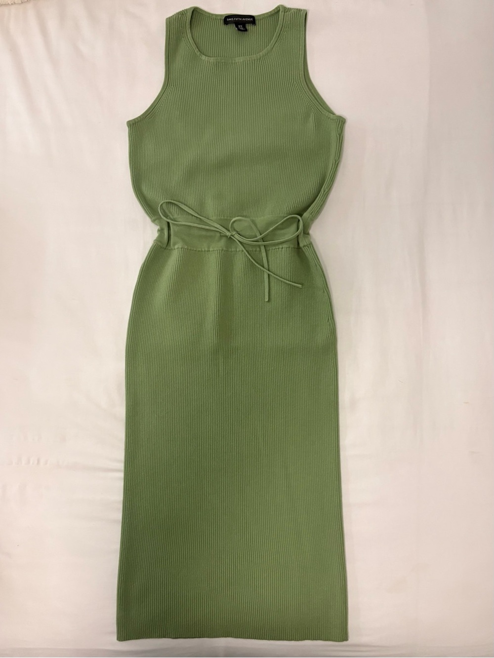 Saks Fifth Avenue Olive Green Ribbed Tank Midi Dress with Tie Waist
